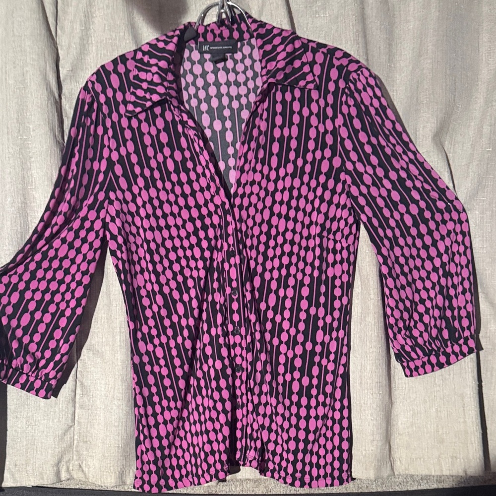 INC International Concepts Pink and Black Geometric Dot Button-Down Shirt M
